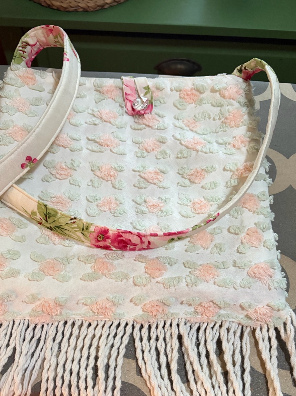 White Floral Accent Fringe Crossbody Bag with Pink Detail